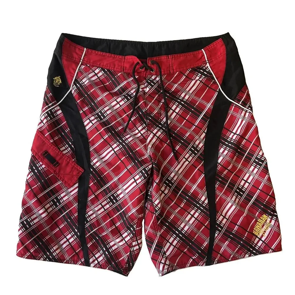 Hawaiian Tropic Men Shorts 36 Red Hawaiian Tropic Embroidery Swimwear Plaid 11”